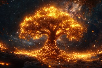 Poster - A single glowing tree stands tall in a open green field, perfect for use as a symbol of hope or guidance