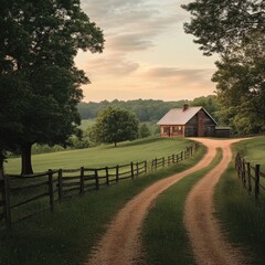 Poster - A dirt road leading to a rustic barn on a farm, suitable for rural or countryside themed projects