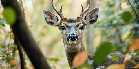 Poster - A close-up photo of a deer's face in its natural habitat, taken in a woodland environment