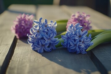 Aufkleber - A pair of purple flowers sit on a wooden table, ready for display or use as decoration