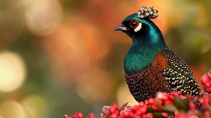 Sticker -   A vibrant bird adorned with a regal crown perches on the edge of a vividly-colored blossom amidst a hazy backdrop