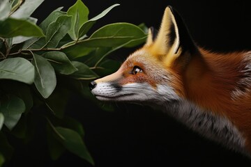 Poster - A close-up shot of a red fox standing next to a leafy tree, focusing on the fox's fur and the surrounding foliage