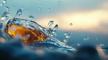 Wall Mural -   Close-up of liquid splashing on water, blue sky in background