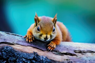 Poster - A close-up view of a squirrel sitting on a tree branch, looking around