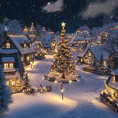 Poster - Christmas tree in the snowy town center, festive atmosphere