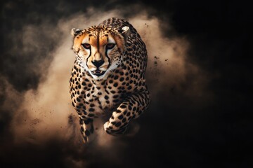 Poster - A cheetah running in dusty terrain, perfect for wildlife or adventure themes