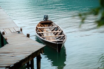 Poster - A small wooden boat is tied up to a dock, ready for use
