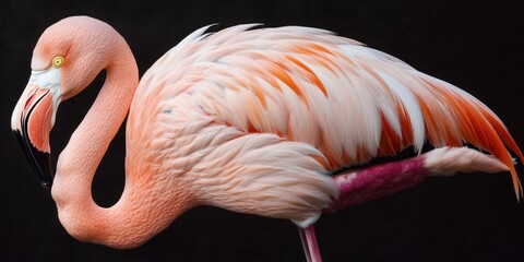 Poster - A single pink flamingo standing on a black background