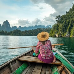 Poster - A woman sits alone in a small boat on a peaceful lake, surrounded by nature