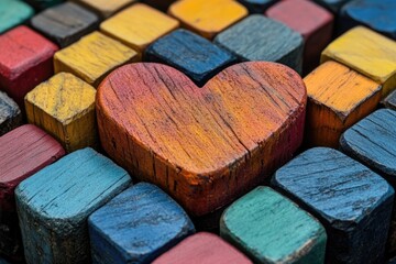 Poster - A creative and playful heart shape made from colorful wooden blocks, perfect for decoration or gift wrapping