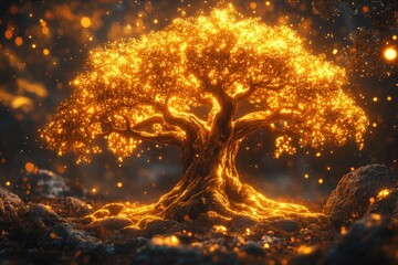Poster - Illuminated tree standing alone in a grassy meadow, ideal for environmental or fantasy uses