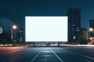 Poster - Large blank billboard standing in the middle of a city street at night, illuminating the urban landscape