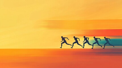 Sticker -   Group of people running on beach with sunset in background and sky in foreground