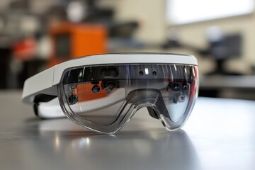 Poster - Innovative augmented reality glasses displayed on a workbench in a modern tech environment