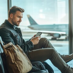 Poster - A person relaxing on a bench, focused on their mobile device