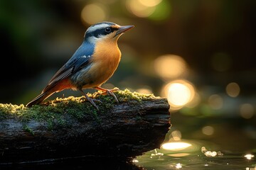 Poster - A small bird perched on a moss-covered log in a natural setting