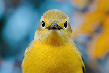 Poster - A bright yellow bird with distinctive blue eyes perched on a branch, surrounded by lush greenery