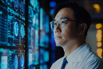 Fototapete - Medical doctor analyzing brain scans on multiple computer screens