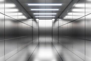  A sleek, metallic interior of an elevator with flat walls and reflective surfaces. 