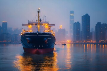 Wall Mural - Large container ship sailing on river at dusk with city skyline in background