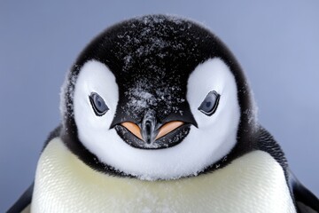 Poster - Close-up of a penguin's face covered in snow, ideal for winter-themed designs