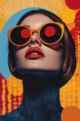 Poster - Fashion model wearing yellow sunglasses and red lipstick posing on colorful background