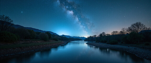 Wall Mural - Stars Overhead: Serene river landscape reflecting the Milky Way, surrounded by dark silhouettes of trees, evoking a tranquil night atmosphere