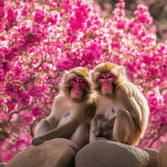 Poster - Two primates sit atop a rocky outcropping, surrounded by lush vegetation
