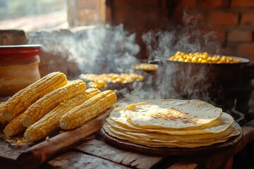 Wall Mural - Steaming corn and tortillas creating delicious traditional mexican food