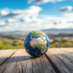 Poster - A small globe sits on top of a wooden table, perfect for use in presentations or as a decorative piece