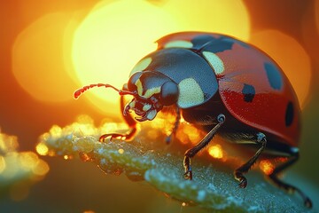 Poster - A ladybug sits on top of a leaf, looking around