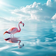 Wall Mural - A flamingo swimming with its head submerged in the water