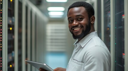 Poster - It specialist smiling and holding tablet in server room corridor