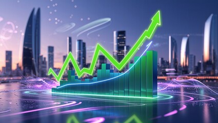 A Futuristic Financial Chart Rendered in Radiant Colors: A High-Tech Visualization of Data, Featuring Dynamic Graphs and Digital Trends that Showcase Innovation in Economic Analysis