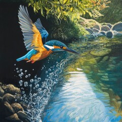 Poster - A bird in flight above a serene river scene