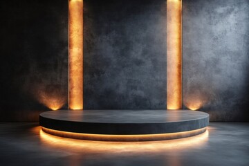 Poster - Empty round podium illuminated with orange lights on dark concrete background