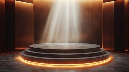 Poster - Empty round podium illuminated by spotlights in luxurious showroom