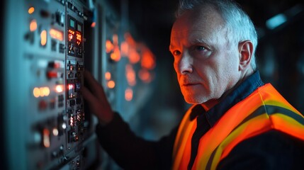 Poster - Electrical engineer working late and monitoring control panel buttons in factory