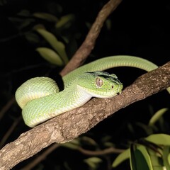 Aufkleber - A green snake sits atop a tree branch, highlighting its camouflage skills