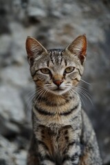 Wall Mural - A close-up shot of a curious cat sitting on a rock, looking around