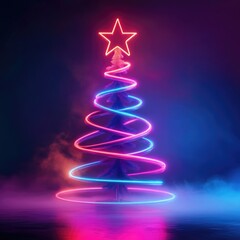 Poster - A bright and colorful neon Christmas tree with a shining star on top, perfect for holiday decorations or marketing materials