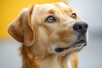 Poster - Close-up shot of a dog's face on a yellow background, suitable for pet-related content or bright and cheerful designs
