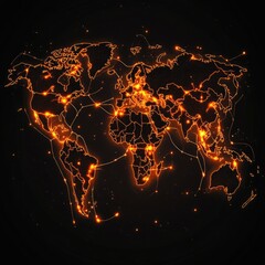 Poster - A map of the world at nighttime with orange lights, ideal for visualizing global connectivity or highlighting travel routes