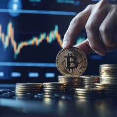 Aufkleber - A person holds a Bitcoin and places it on a stack of coins, with a focus on digital currency transactions