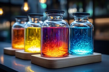 Poster - Colorful liquids bubbling in glass bottles on wooden stands, creating a vibrant display