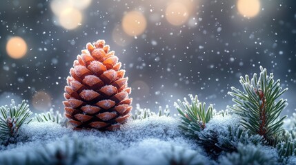 Poster - A single pine cone sits on a snowy surface, isolated from the surrounding environment