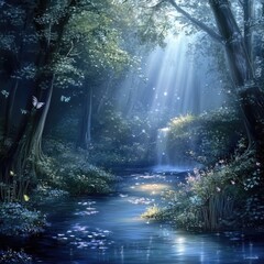 Poster - A serene natural scene with a stream meandering through a lush green forest
