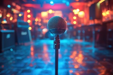 Poster - A microphone on a stand in front of a stage, ideal for concert or event photography