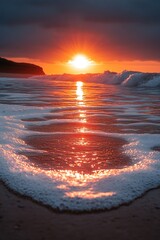 Poster - A beautiful sunset scene with a calm sea and a beach in the background