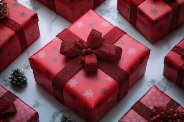 Fototapete - A group of gifts wrapped in red paper and tied with a matching bow, ideal for holiday or birthday use